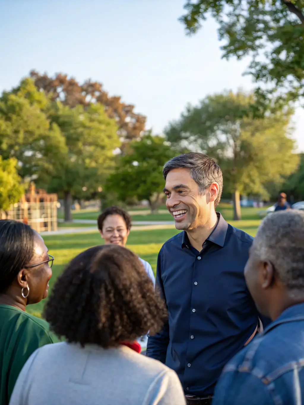 A candidate shaking hands with a voter at a community event, with a backdrop of campaign signage and supporters.