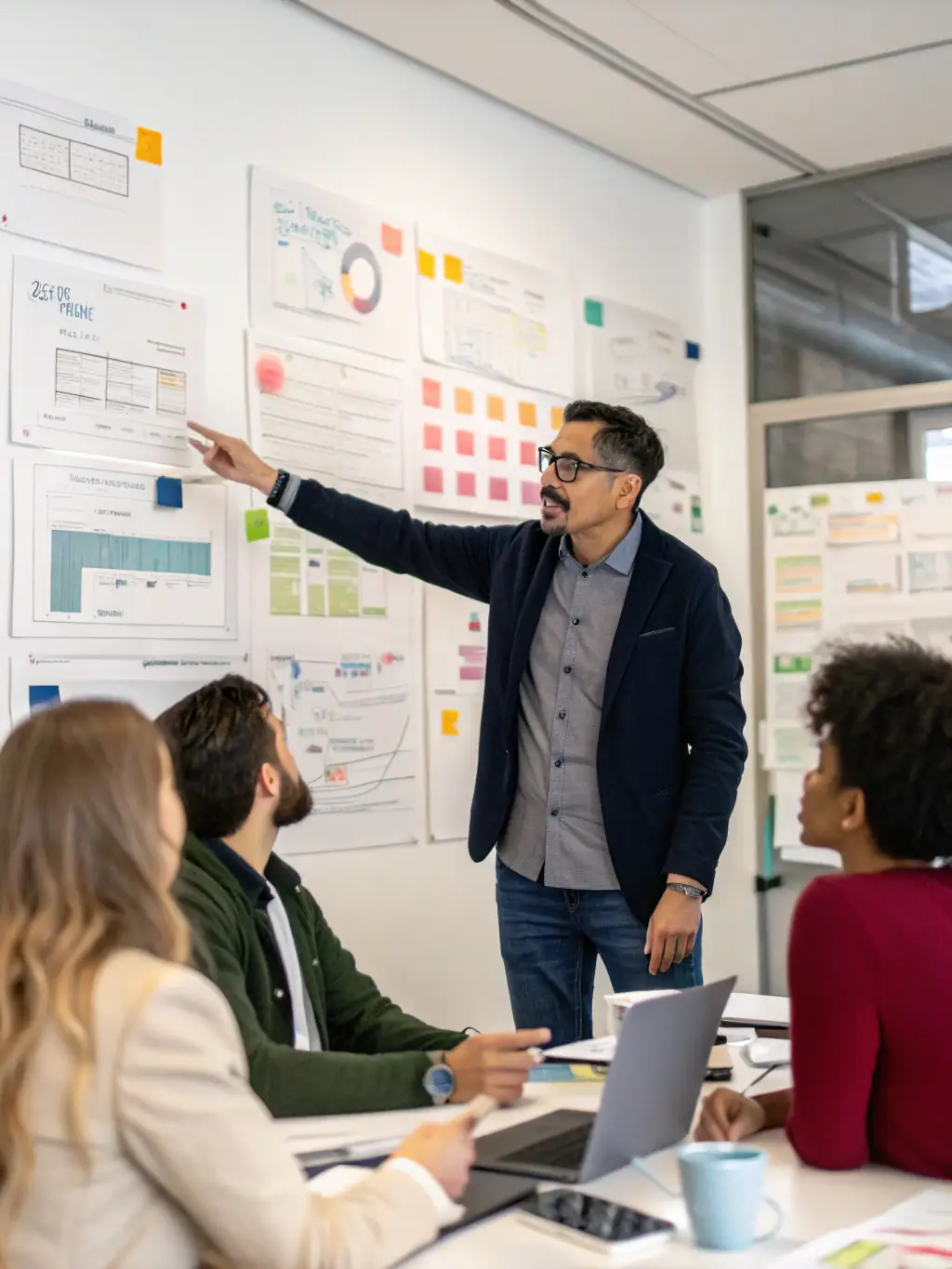 A focused image of a diverse team of campaign strategists collaborating around a table filled with data visualizations and charts, emphasizing the data-driven approach of Campaign Command.